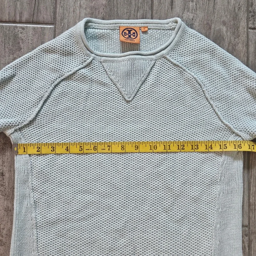 Tory Burch Waffle Knit Sweater Size S Light Blue Raglan Sleeve Crew Neck Preppy